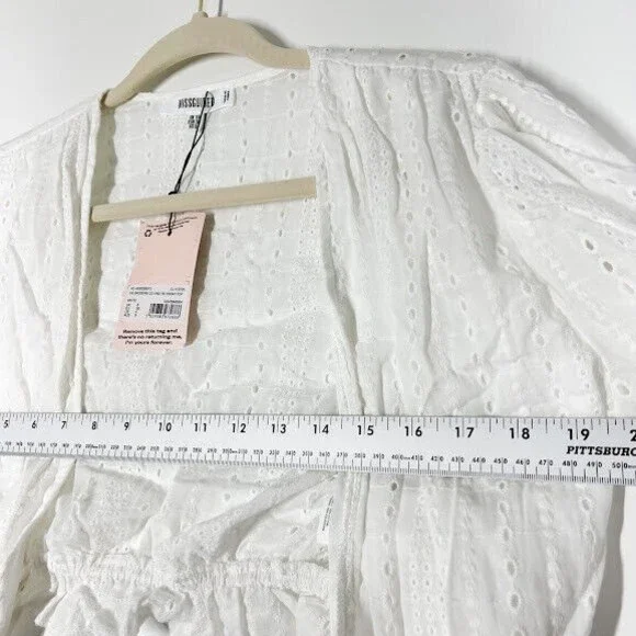 Missguided Women White Cord Broderie Tie Crop Top Eyelet Plunge V-Neck 6 NWT - Picture 7 of 12